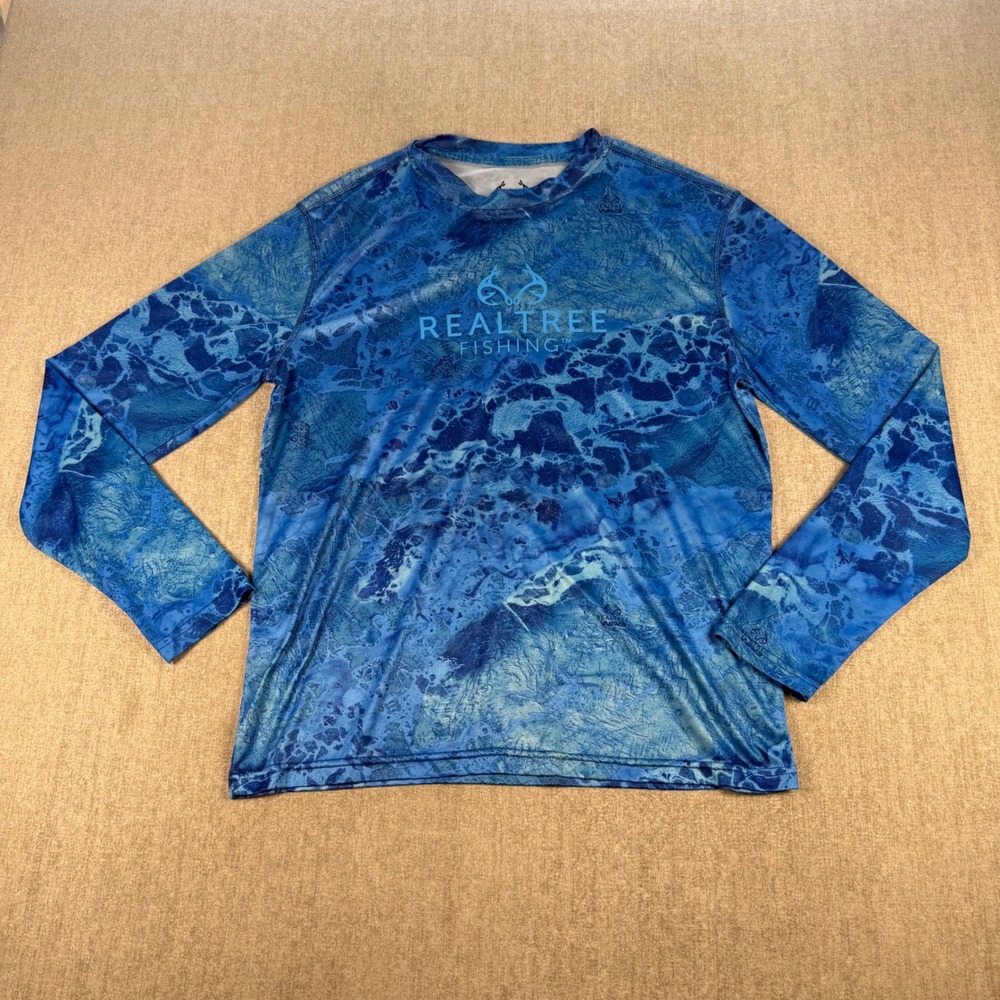 Realtree Fishing Performance Shirt Mens Medium Blue Camo Long Sleeve Logo Tee